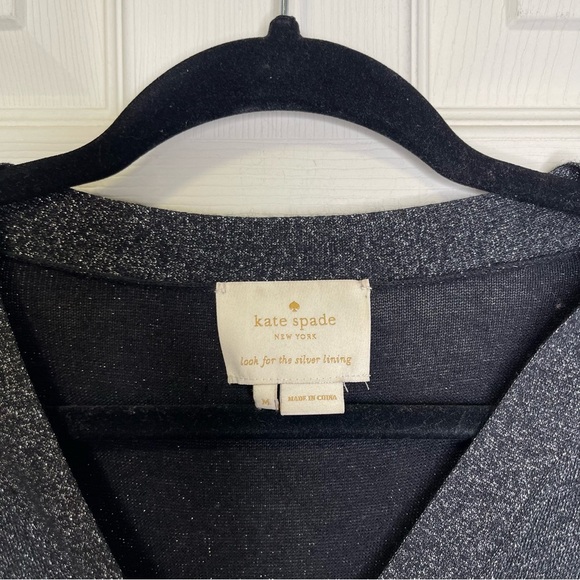 Kate Spade Black Silver Metallic Pleated Crepe Wrap Sweater Dress - Size Medium - Picture 2 of 8